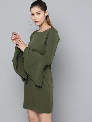 bell sleeved solid a-line dress - 16784917 - Standard Image - 2