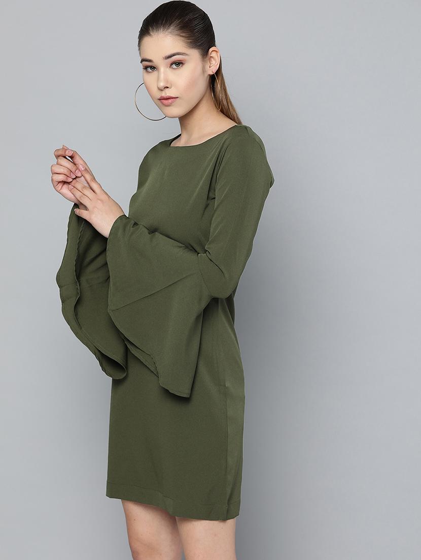 bell sleeved solid a-line dress - 16784917 - Zoom Image - 2