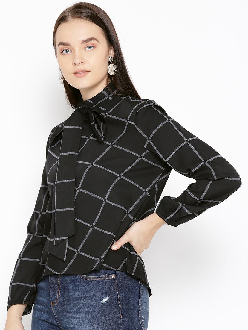 tie up neck checkered top - 16796175 - Zoom Image - 2