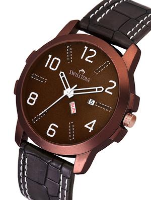 swisstone g200-brwn brown leather strap analog wrist watch for men - 16796317 - Standard Image - 2