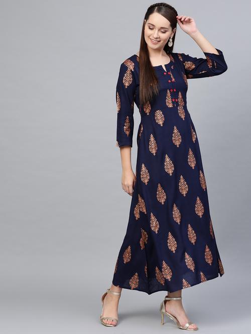 gold print flared ethnic dress - 16797626 - Standard Image - 1