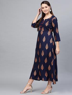 gold print flared ethnic dress - 16797626 - Standard Image - 2