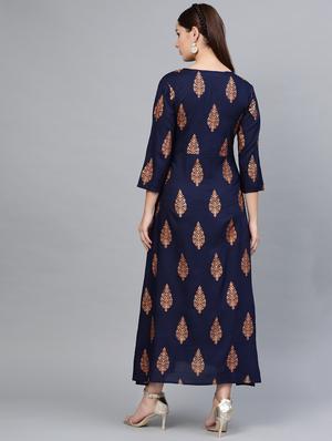 gold print flared ethnic dress - 16797626 - Standard Image - 3