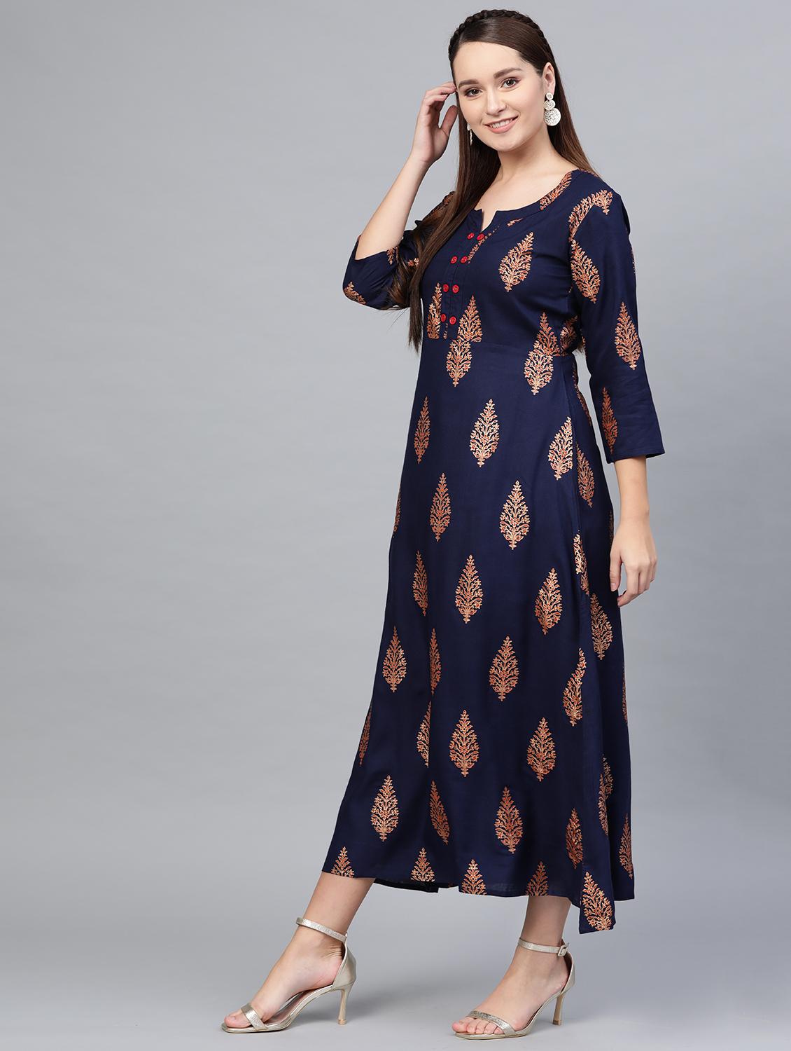 gold print flared ethnic dress - 16797626 - Zoom Image - 2