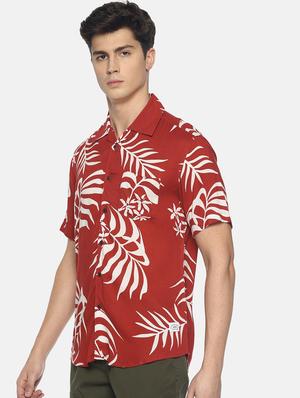 red tropical printed casual shirt - 16799806 - Standard Image - 2
