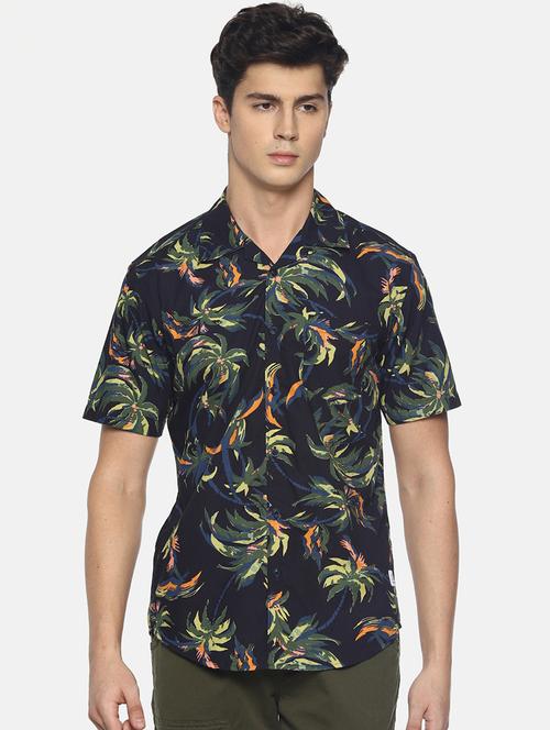 navy blue tropical printed casual shirt - 16799808 - Standard Image - 1