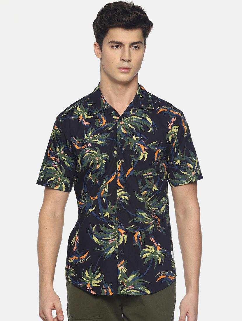 navy blue tropical printed casual shirt - 16799808 - Zoom Image - 1