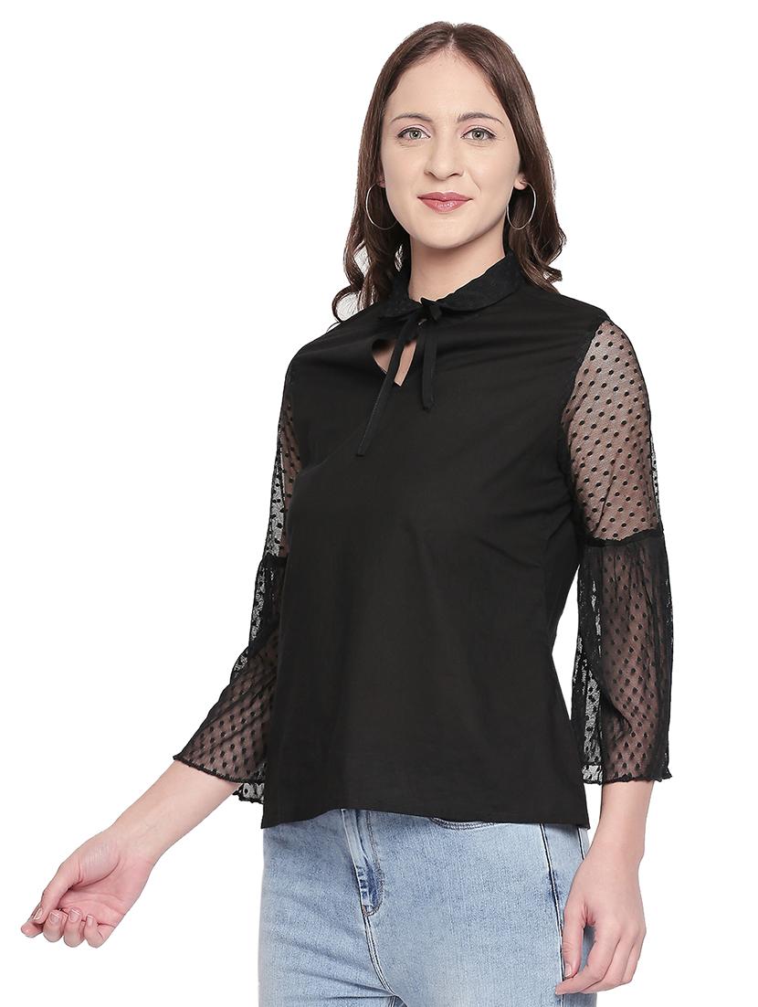 tie up neck dobby bell sleeved top - 16800827 - Zoom Image - 2