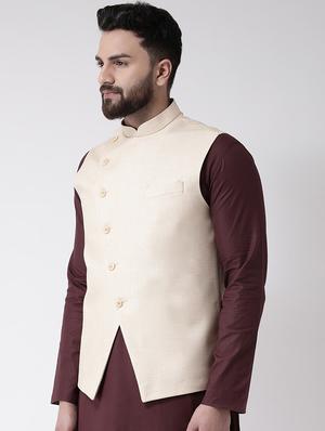 beige solid nehru jacket - 16801110 - Standard Image - 2
