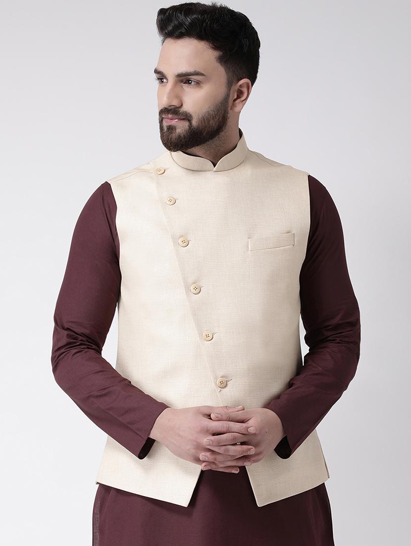 beige solid nehru jacket - 16801110 - Zoom Image - 1