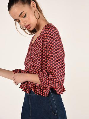 round neck printed peplum top - 16802323 - Standard Image - 3