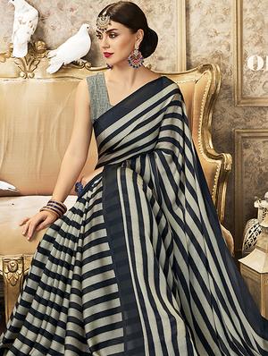 striped printed saree with blouse - 16808143 - Standard Image - 2