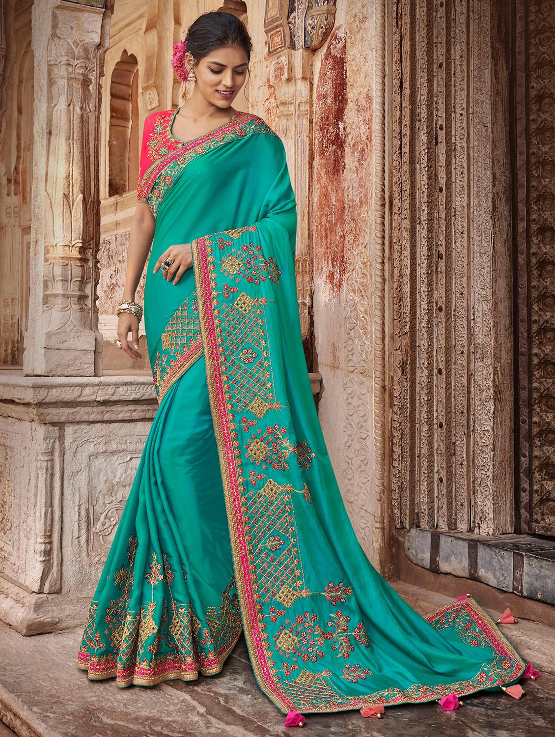 lace detailed embroidered saree with blouse - 16810275 - Zoom Image - 1
