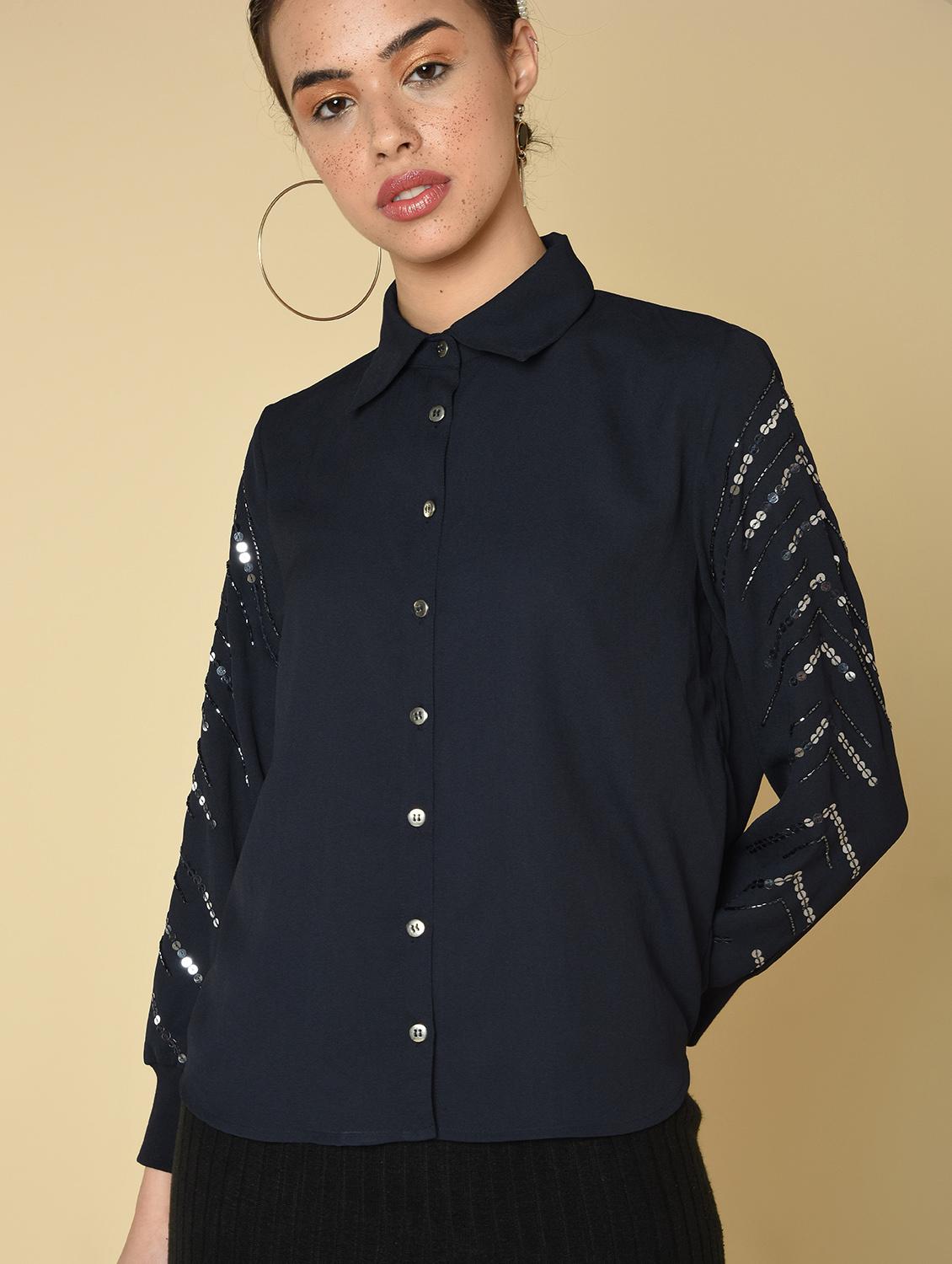 sequined sleeves solid shirt - 16810945 - Zoom Image - 2