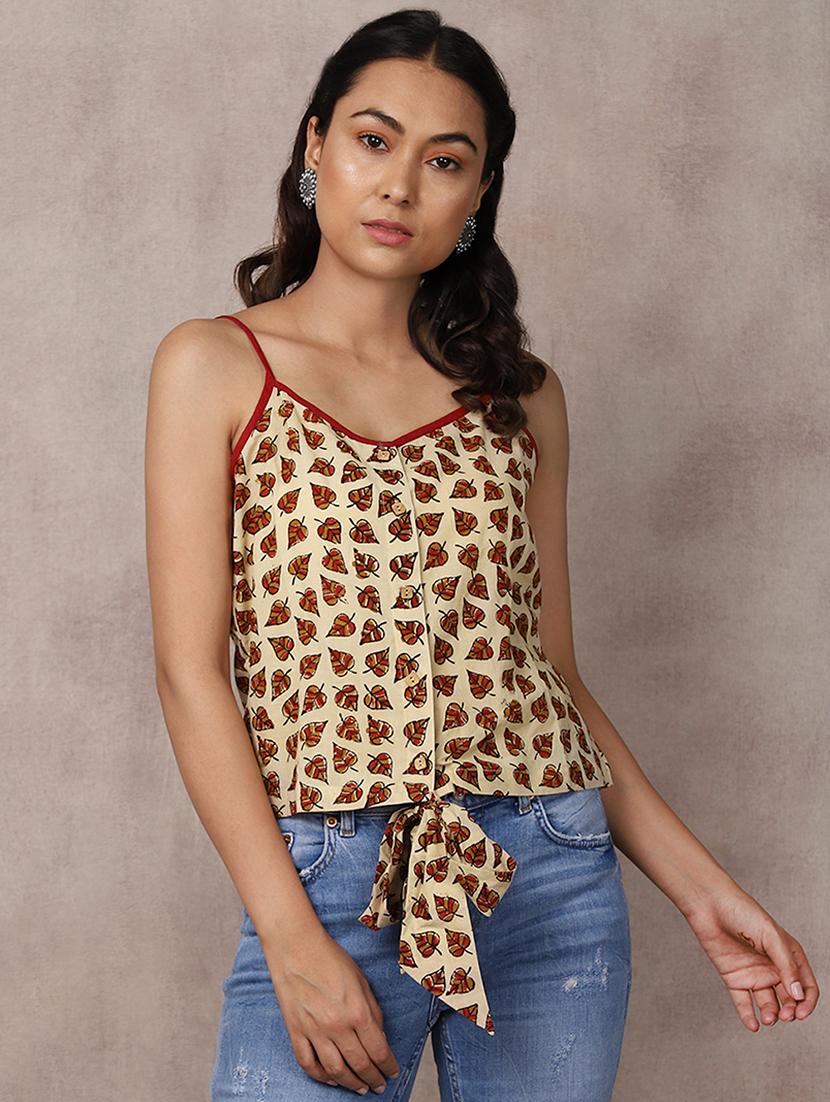 tie front leaf print crop top - 16812206 - Zoom Image - 1
