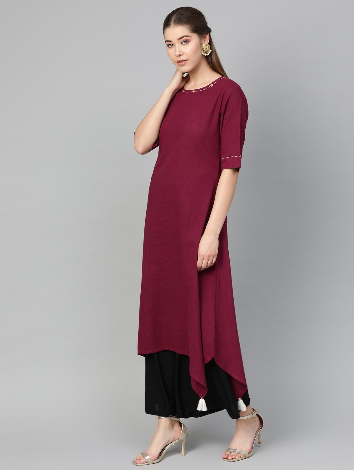 wine solid asymmetric kurta - 16816479 - Zoom Image - 2