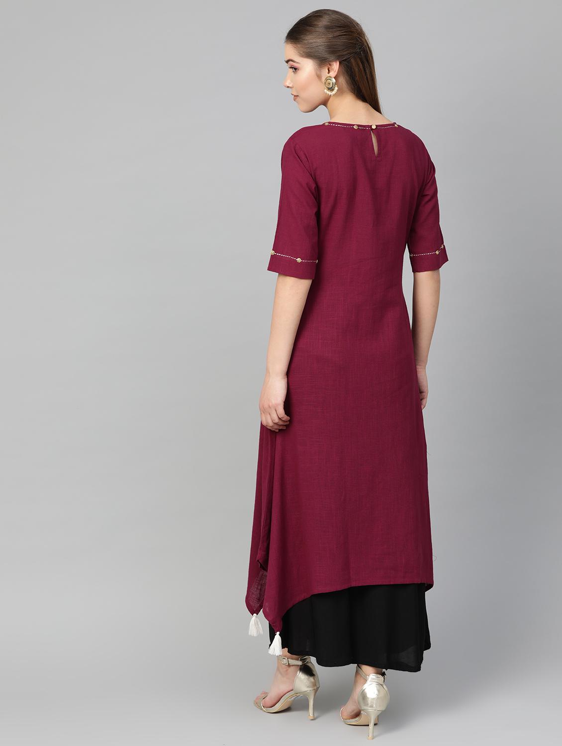 wine solid asymmetric kurta - 16816479 - Zoom Image - 3