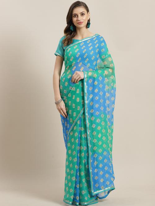 lace detailed printed saree with blouse - 16816761 - Standard Image - 1