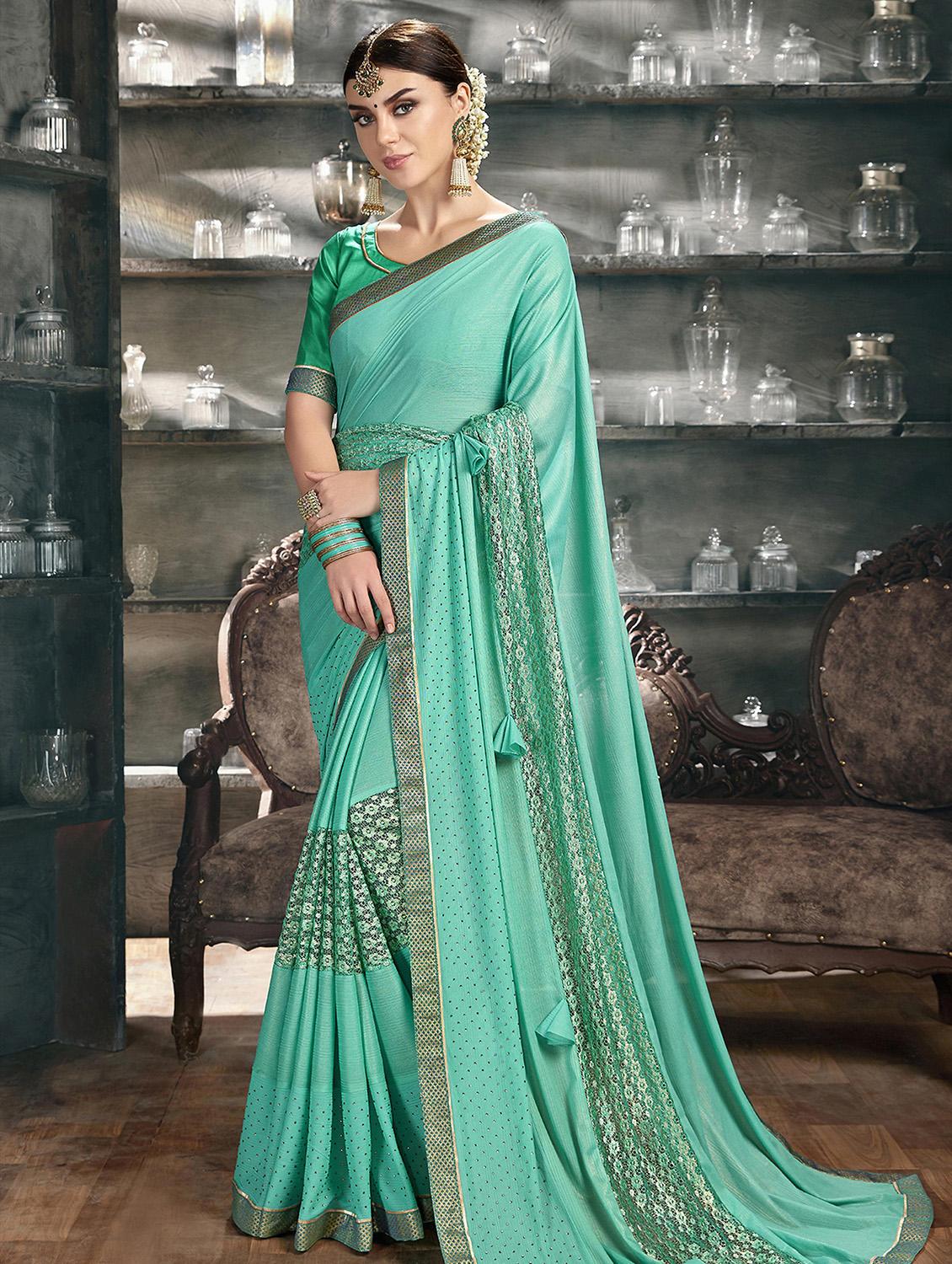 lace detailed printed saree with blouse - 16822508 - Zoom Image - 1