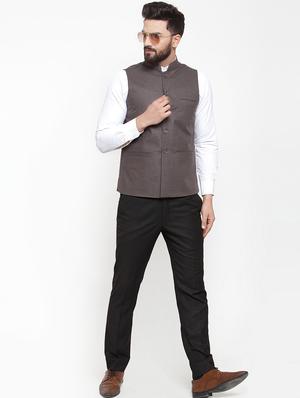 grey solid nehru jacket - 16823270 - Standard Image - 4