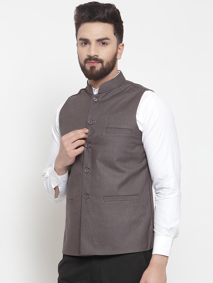 grey solid nehru jacket - 16823270 - Zoom Image - 2