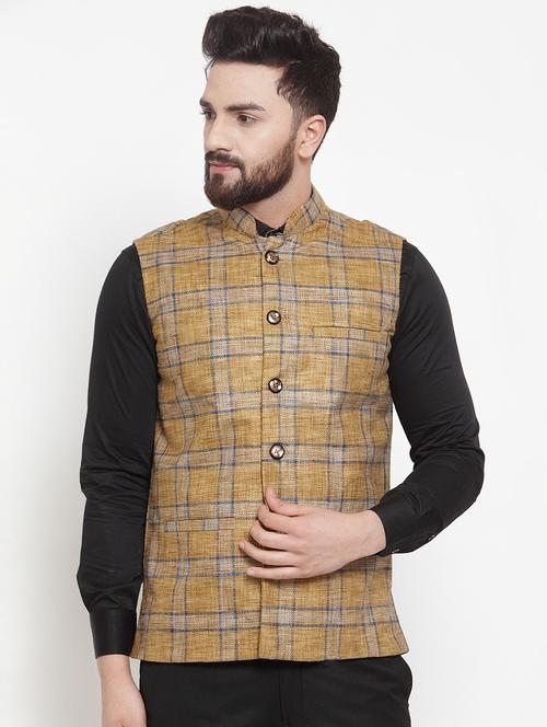 yellow checkered nehru jacket - 16823276 - Standard Image - 1