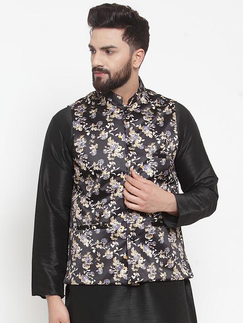 black floral printed nehru jacket - 16823296 - Standard Image - 1