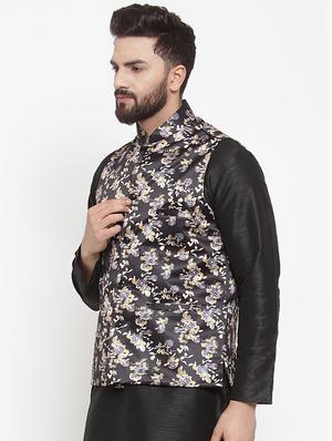 black floral printed nehru jacket - 16823296 - Standard Image - 2