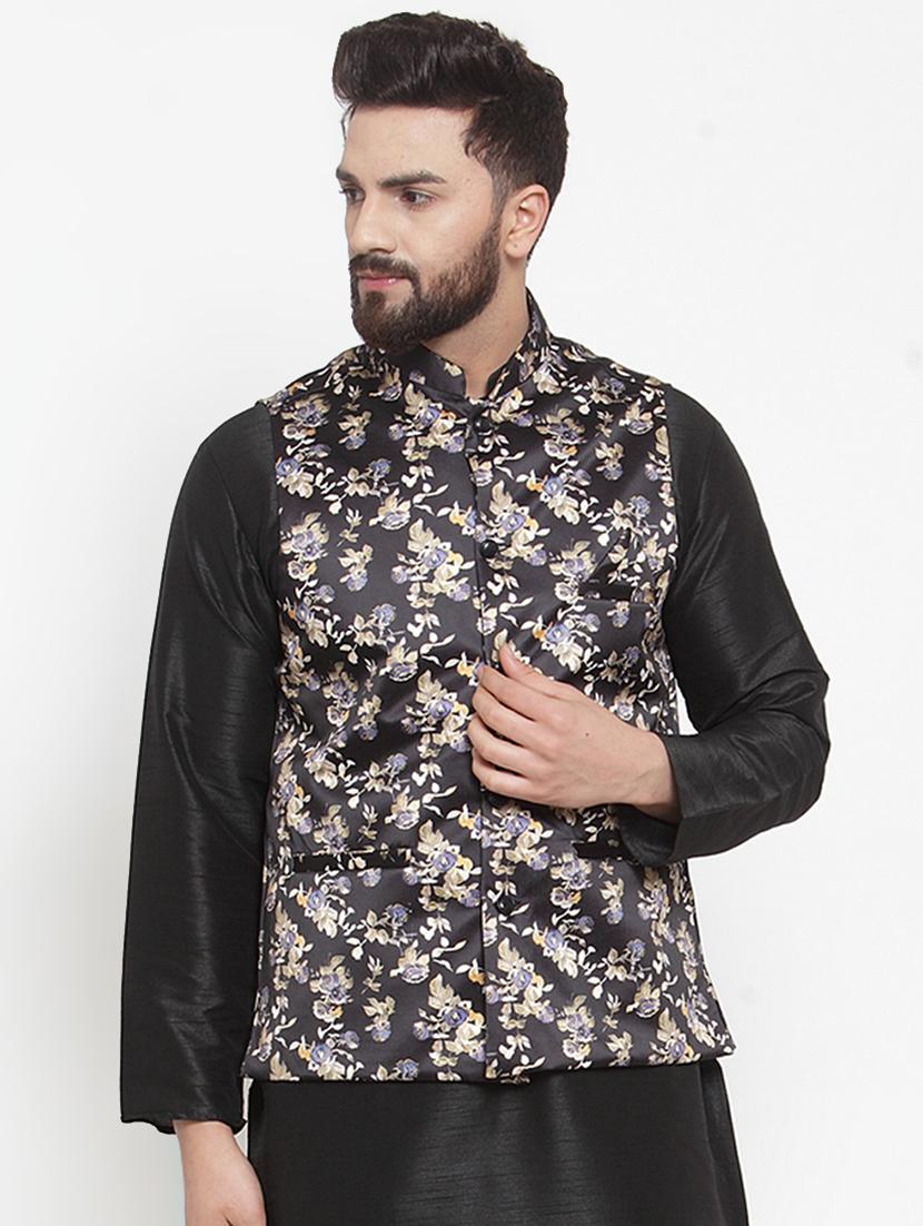 black floral printed nehru jacket - 16823296 - Zoom Image - 1