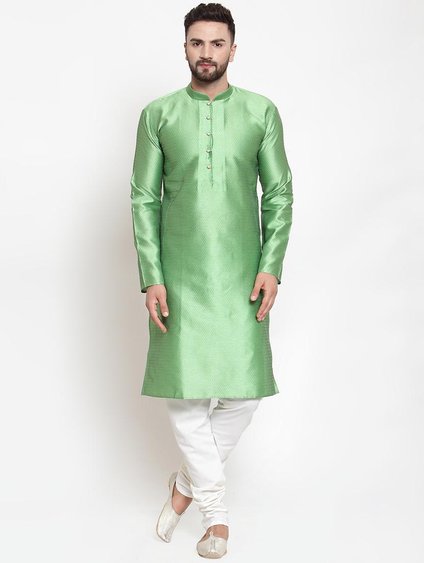 green silk blend jacquard kurta pyjama set - 16825030 - Zoom Image - 1