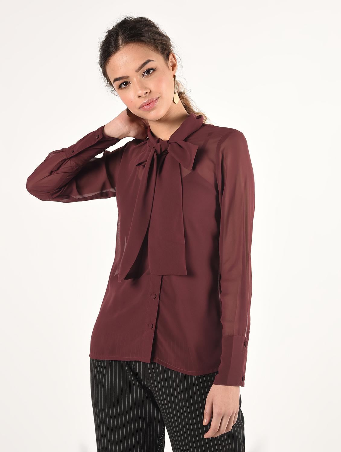 tie up neck solid shirt - 16825146 - Zoom Image - 2