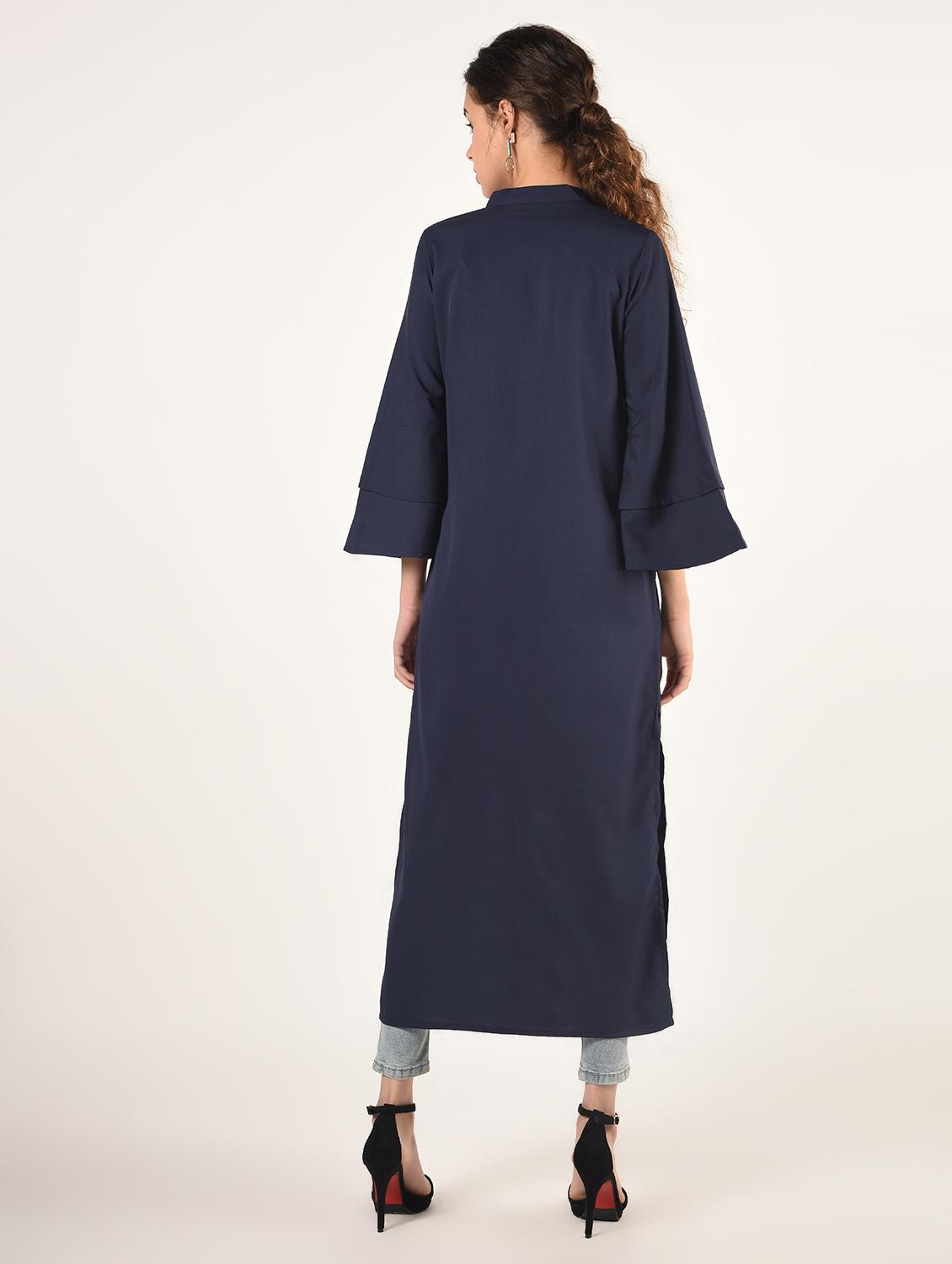 bell sleeves solid straight kurta - 16825160 - Zoom Image - 3