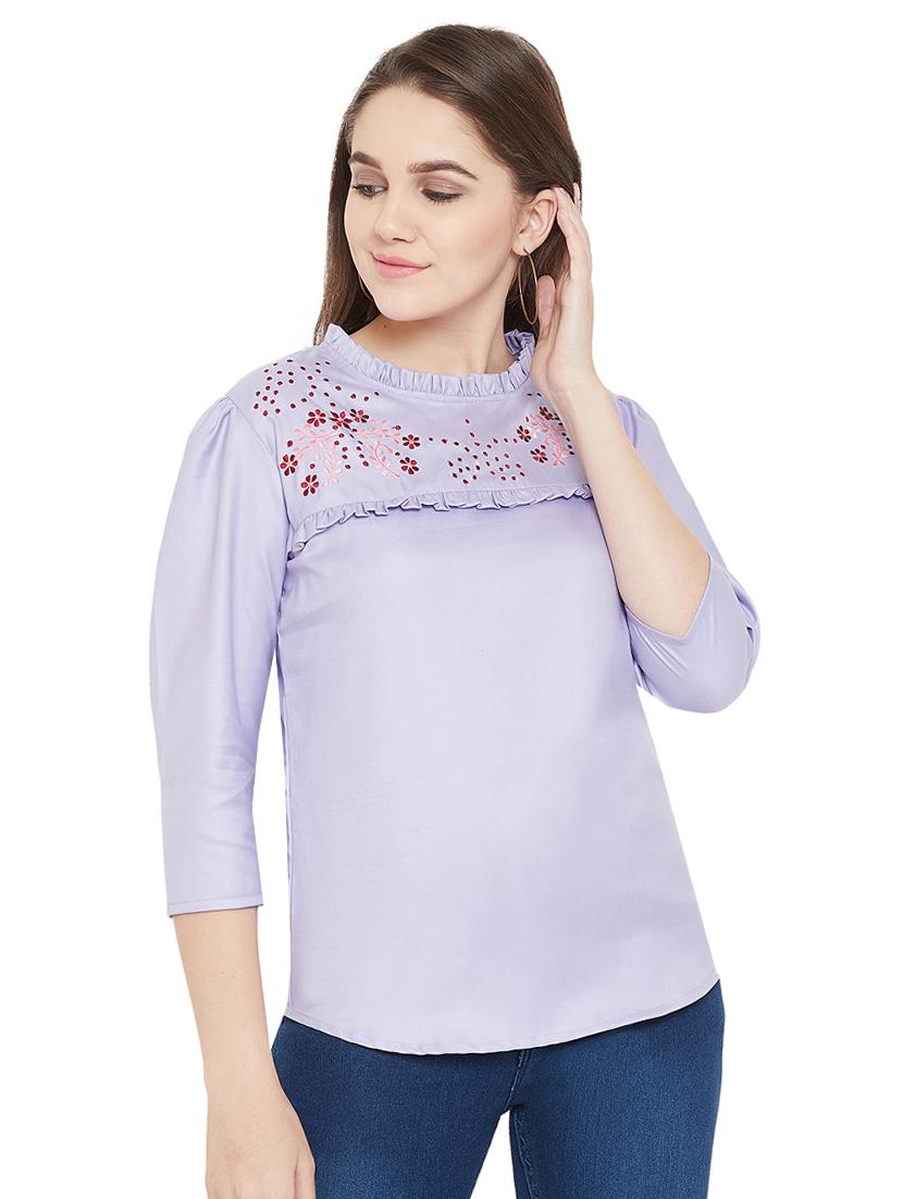 embroidered detail frill trim top - 16826101 - Zoom Image - 1