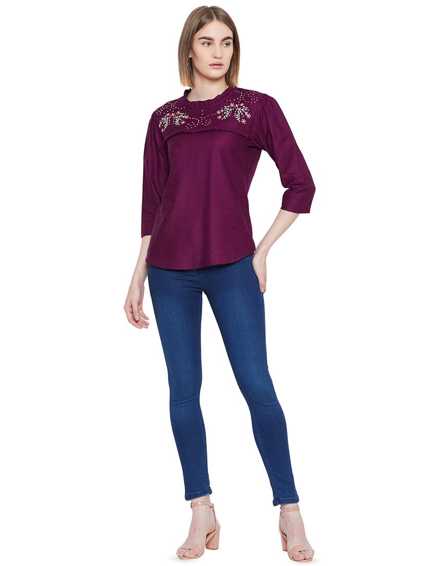 embroidered detail frill trim top - 16826102 - Zoom Image - 4