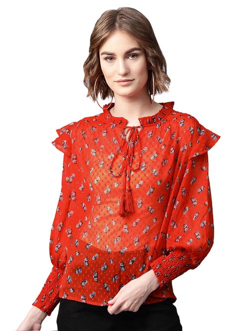 tie front bishop sleeved floral top - 16832277 - Standard Image - 1