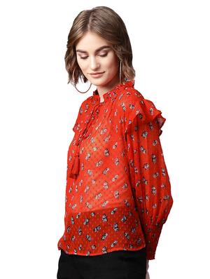 tie front bishop sleeved floral top - 16832277 - Standard Image - 2