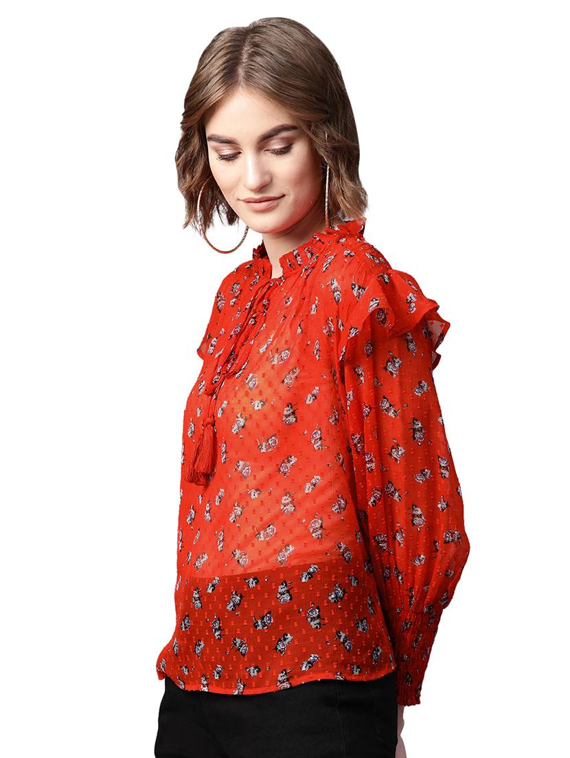 tie front bishop sleeved floral top - 16832277 - Zoom Image - 2