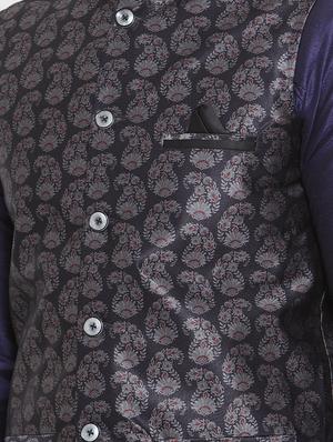 navy blue silk blend kurta pyjama set with printed nehru jacket - 16833043 - Standard Image - 4