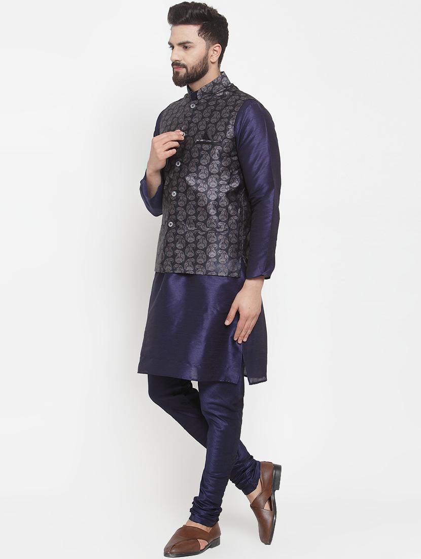 navy blue silk blend kurta pyjama set with printed nehru jacket - 16833043 - Zoom Image - 2