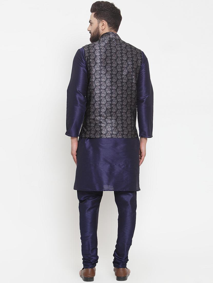 navy blue silk blend kurta pyjama set with printed nehru jacket - 16833043 - Zoom Image - 3