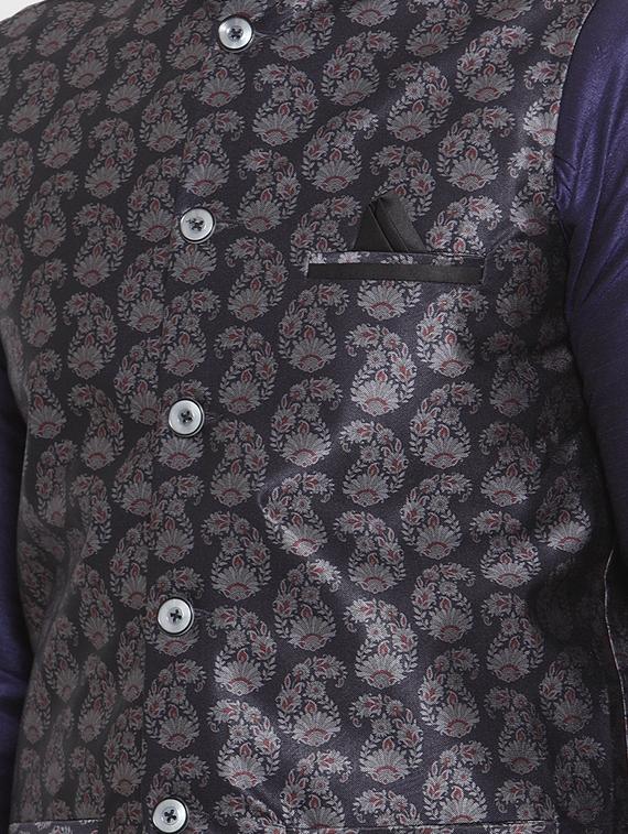 navy blue silk blend kurta pyjama set with printed nehru jacket - 16833043 - Zoom Image - 4