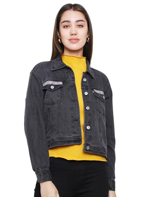 lace detail cropped denim jacket - 16833342 - Very Small Image - 1