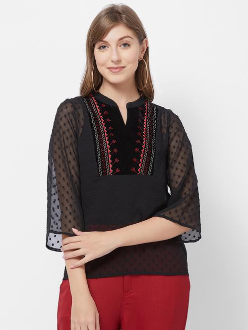 dobby sleeved embroidered detail top - 16835936 - Standard Image - 1