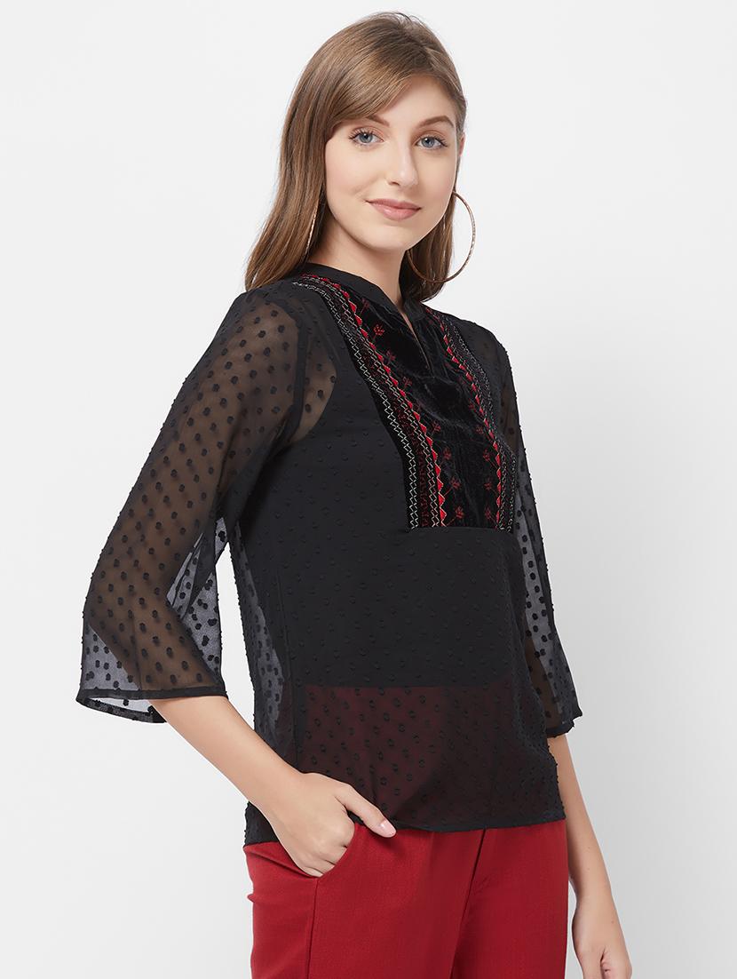 dobby sleeved embroidered detail top - 16835936 - Zoom Image - 2
