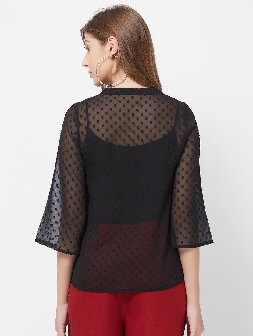 dobby sleeved embroidered detail top - 16835936 - Zoom Image - 3