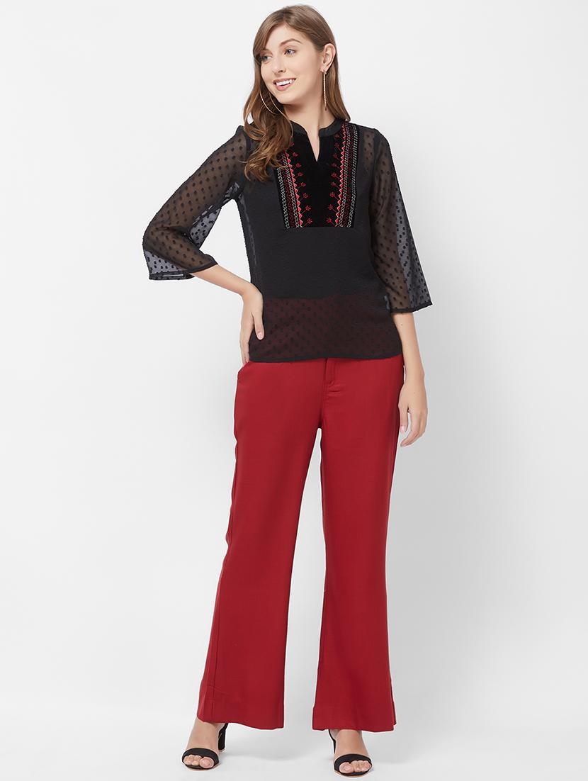 dobby sleeved embroidered detail top - 16835936 - Zoom Image - 4