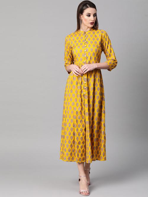 mandarin neck block print a-line dress - 16838152 - Standard Image - 1