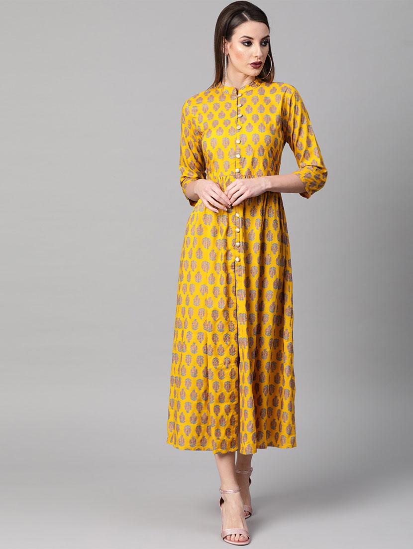 mandarin neck block print a-line dress - 16838152 - Zoom Image - 1