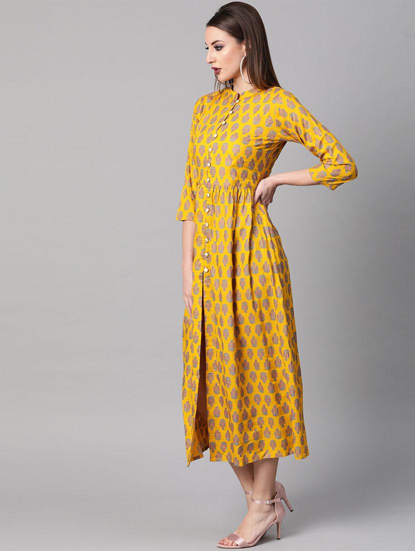 mandarin neck block print a-line dress - 16838152 - Zoom Image - 2