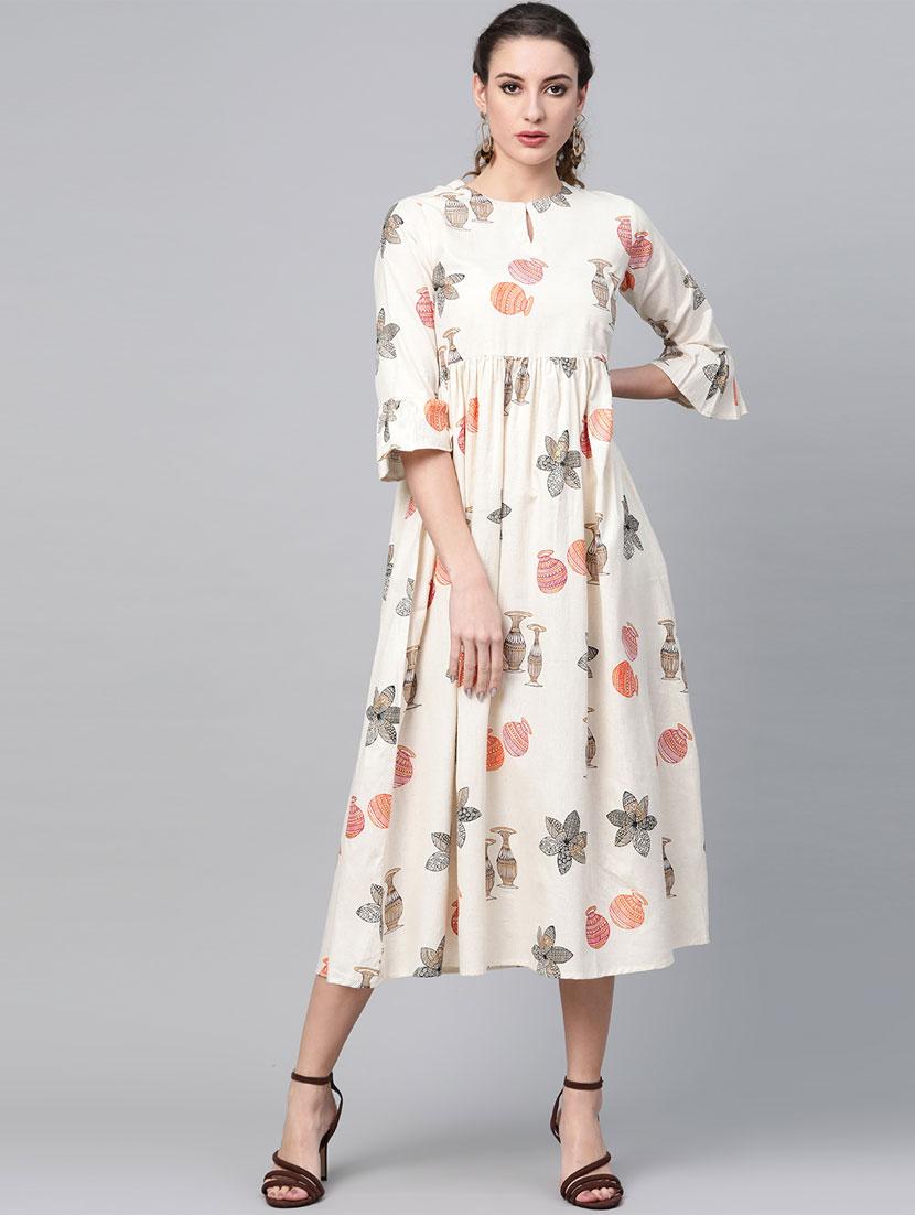 flute sleeves printed a-line dress - 16838155 - Zoom Image - 1